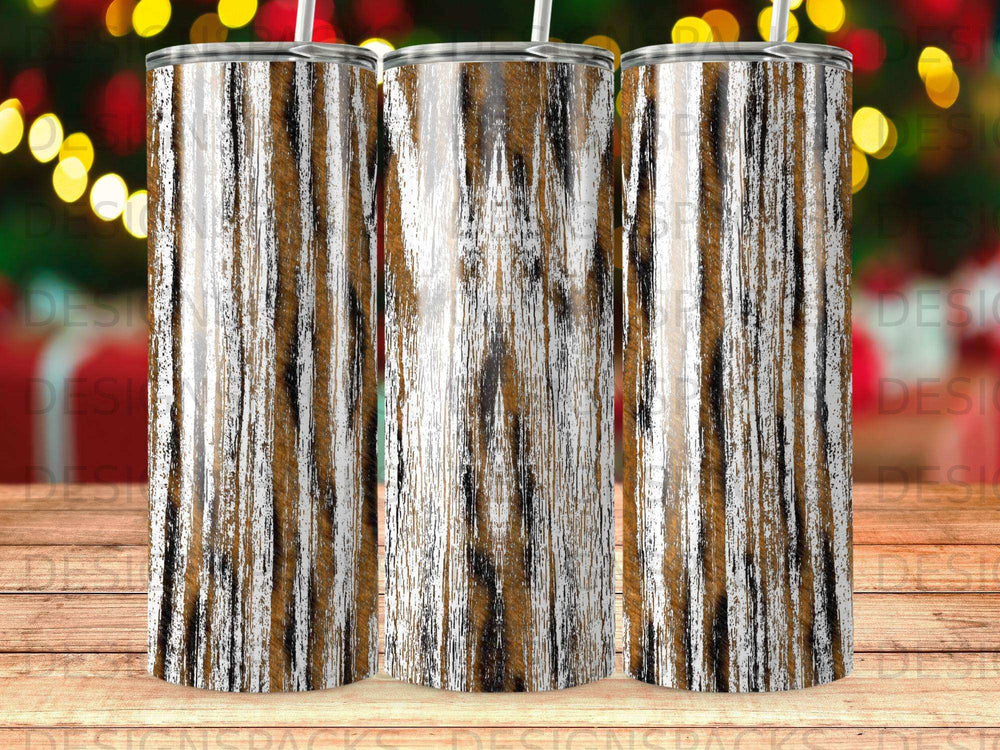 Three tumblers with a distressed wood grain pattern in brown and white.