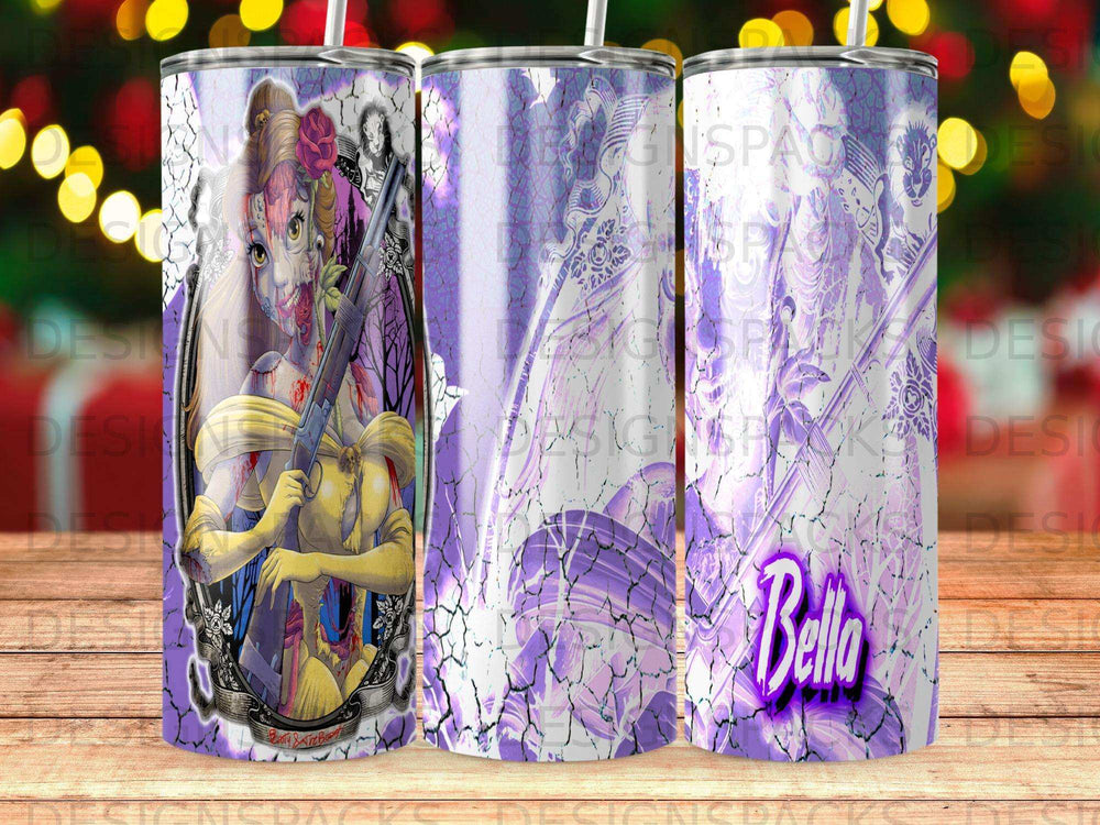 Cartoon girl with blonde hair and gun on cracked purple background.