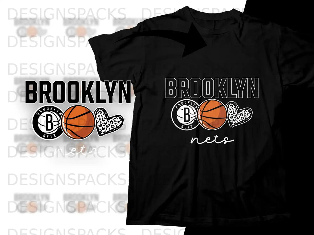 Brooklyn Nets logo with basketballs and heart designs on a black t-shirt.