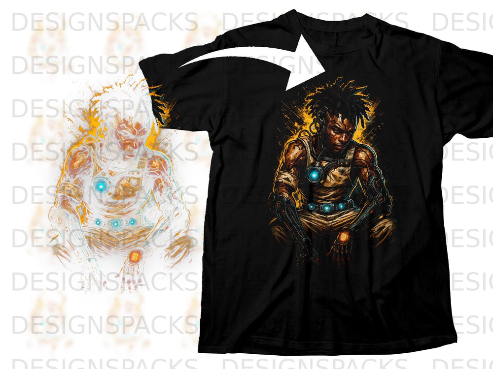 Black t-shirt with a graphic of a cyborg man with dreadlocks and glowing blue accents.