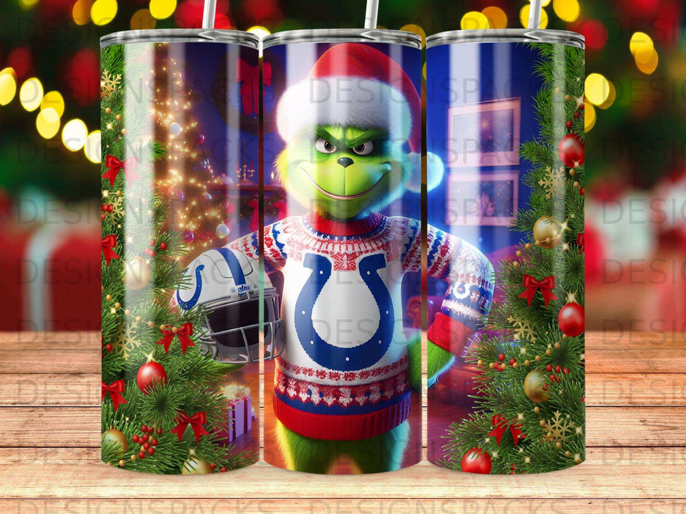 The Grinch in a Colts sweater holds a football helmet near Christmas trees.