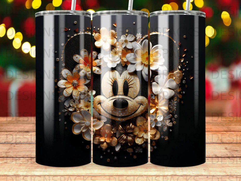Minnie Mouse face adorned with golden floral heart, set against black background.