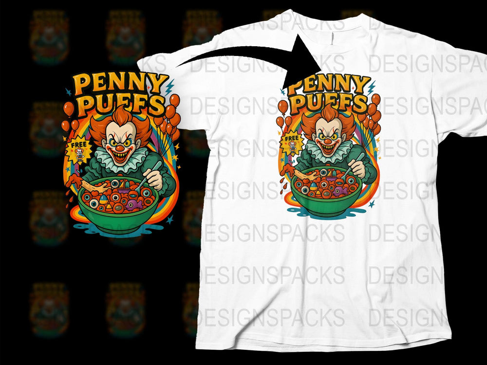 Penny Puffs Clown Graphic T-Shirt, Colorful Horror Cartoon Design, Unisex Adult Casual Wear