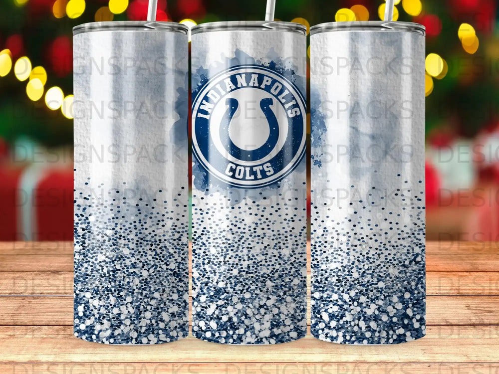 Indianapolis Colts logo with blue glitter on a tumbler, against a bokeh background.