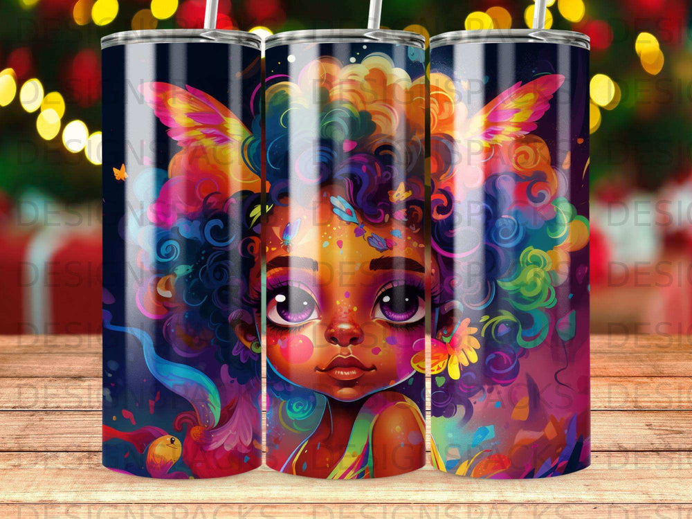 Vibrant illustration of a young girl with colorful curly hair and butterfly wings.