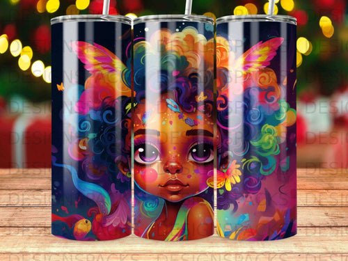 Vibrant illustration of a young girl with colorful curly hair and butterfly wings.