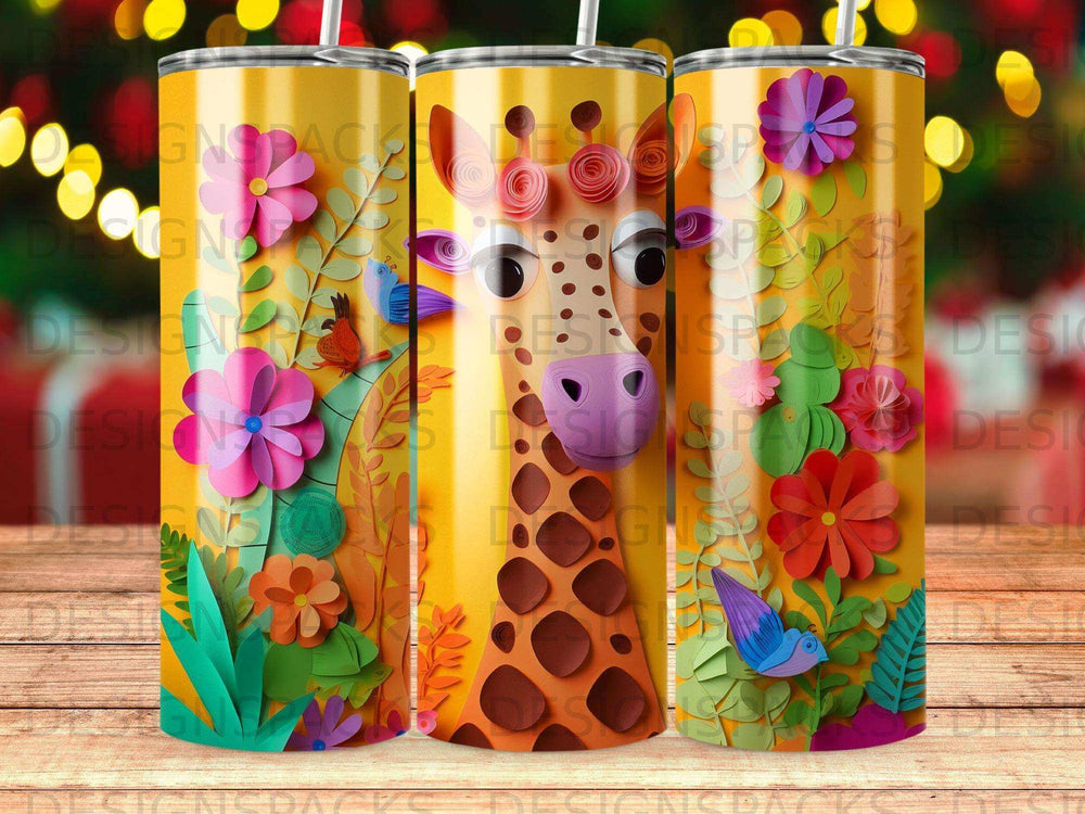 Yellow tumbler with cartoon giraffe, flowers, and birds.