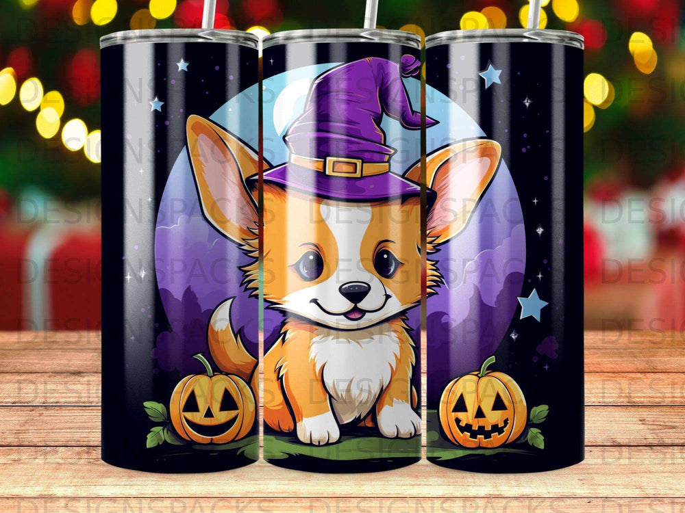 Cute corgi in a witch hat with pumpkins under a full moon.