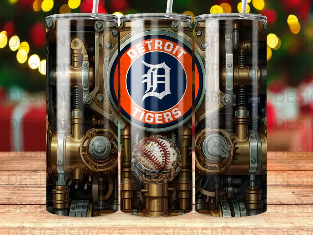 Detroit Tigers logo on a steampunk-themed tumbler with a baseball.