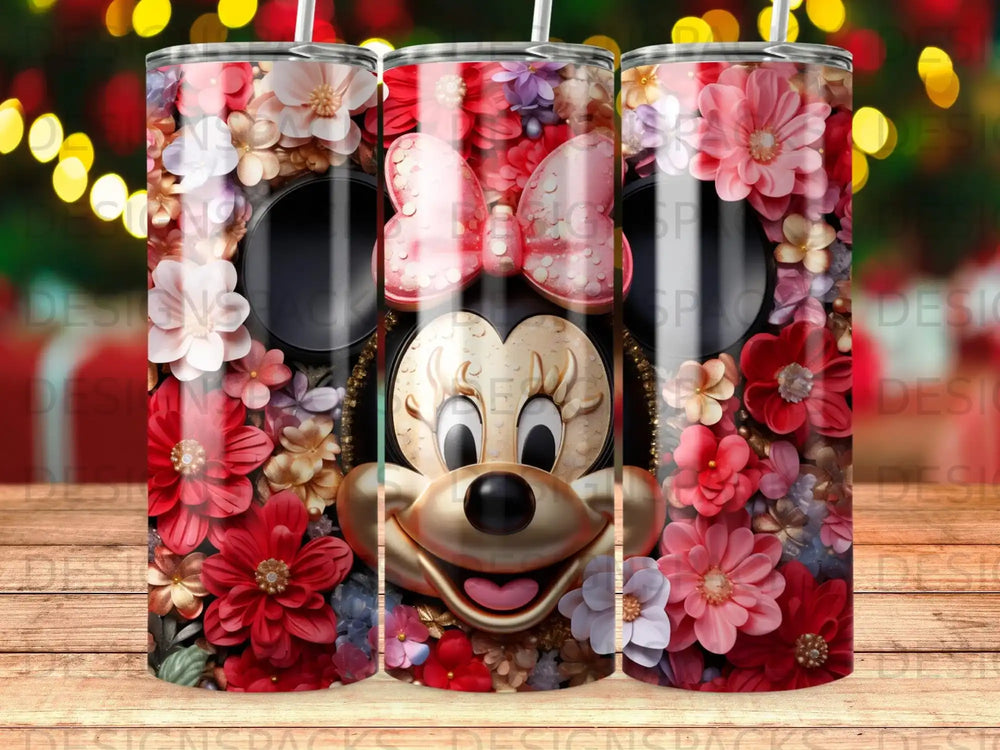 Minnie Mouse face surrounded by vibrant red and pink floral decorations.