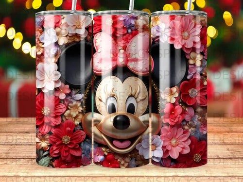 Minnie Mouse face surrounded by vibrant red and pink floral decorations.