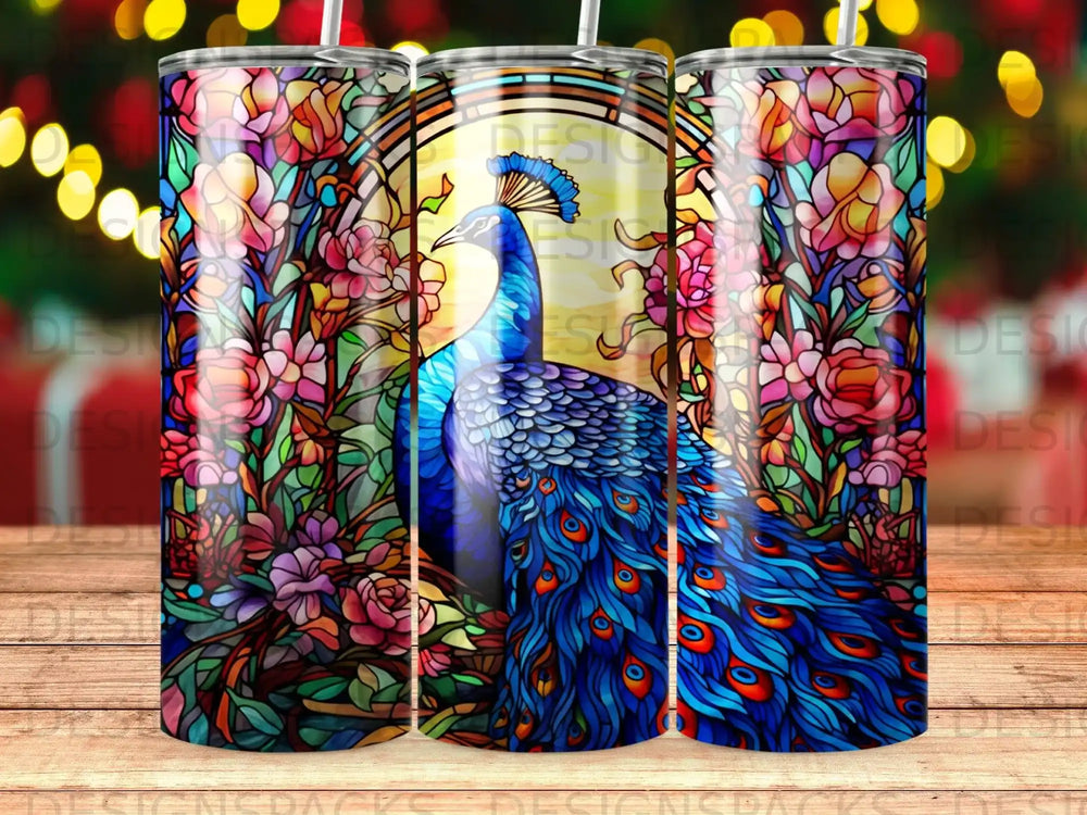 Peacock in stained glass pattern with floral details.