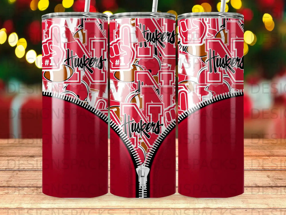 Husker themed tumbler with repeating logo and number one graphic.