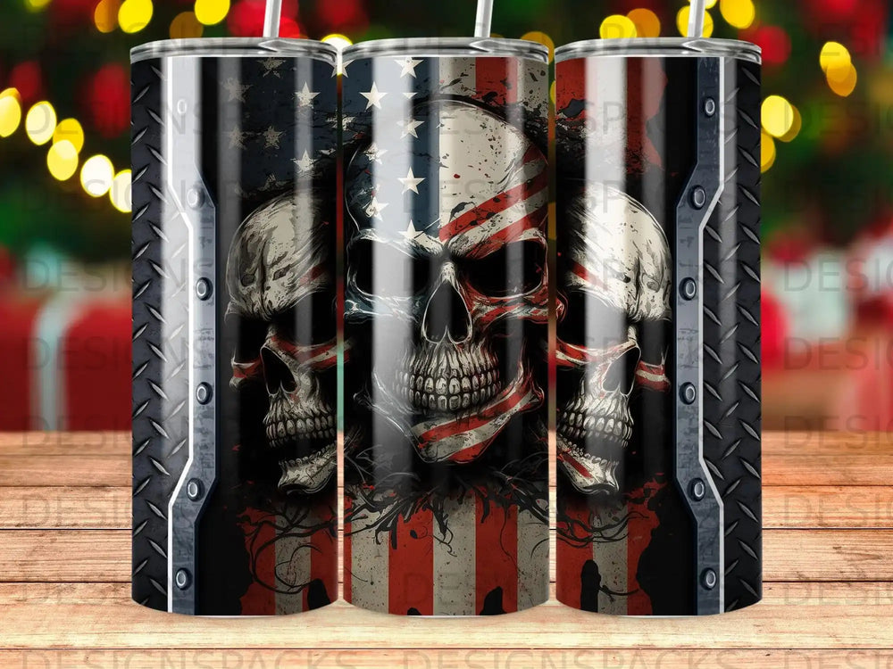 Skulls with American flag motifs and distressed metal border on tumblers.