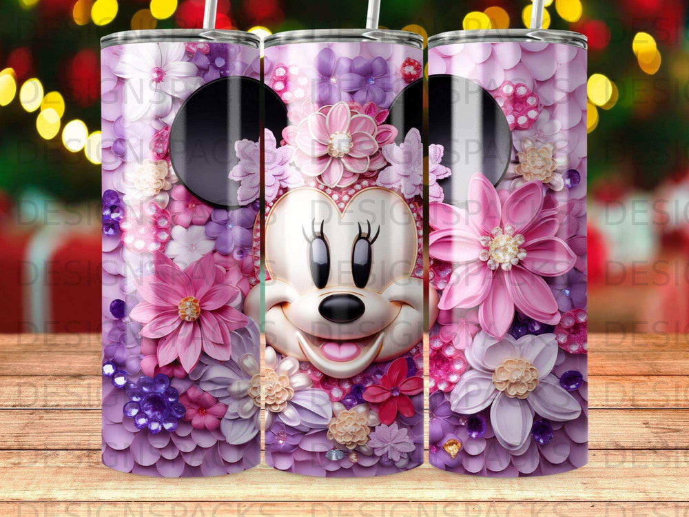 Minnie Mouse with floral accents on a purple and pink background.