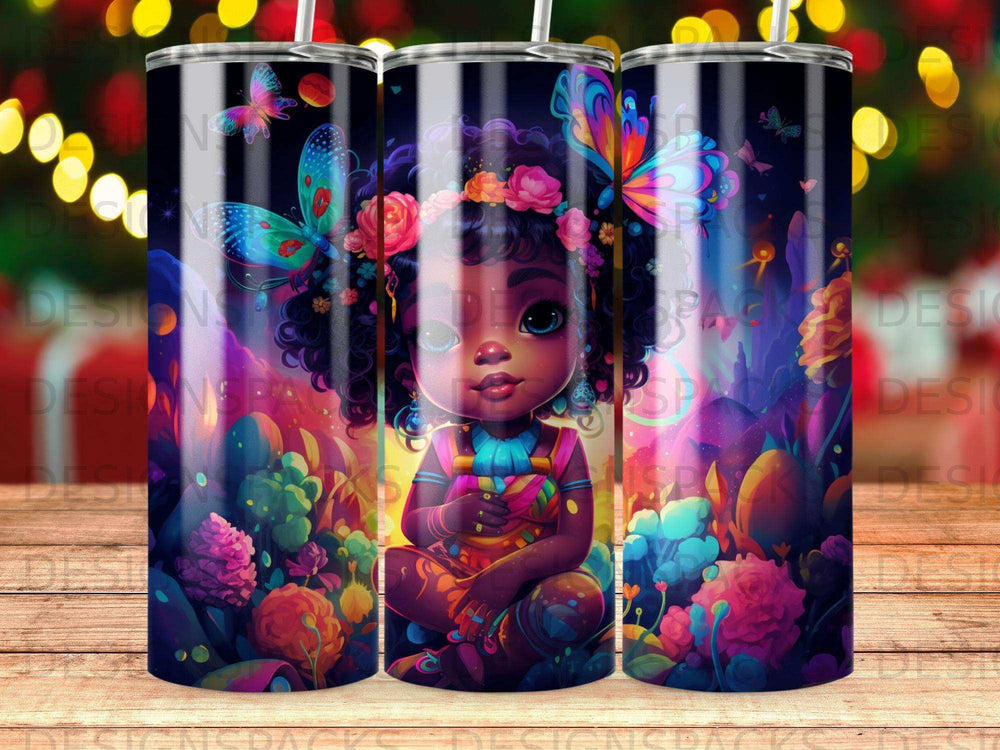 Child with butterflies in vibrant, floral fantasy scene.