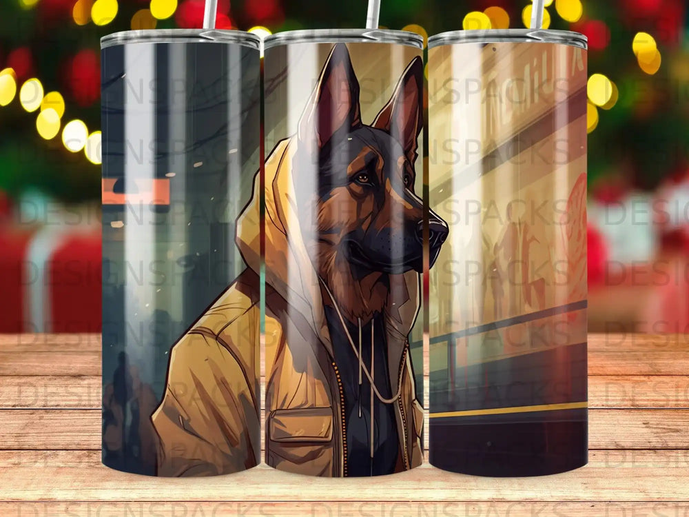 German Shepherd wearing a hoodie and jacket on a tumbler.