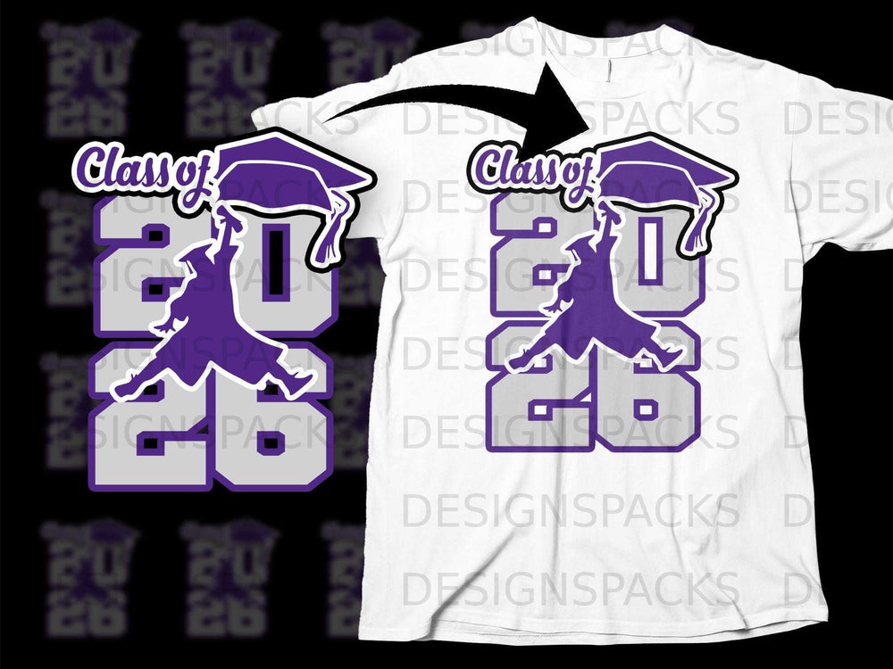 Purple graphic of graduation cap and "Class of 2026" on t-shirt.