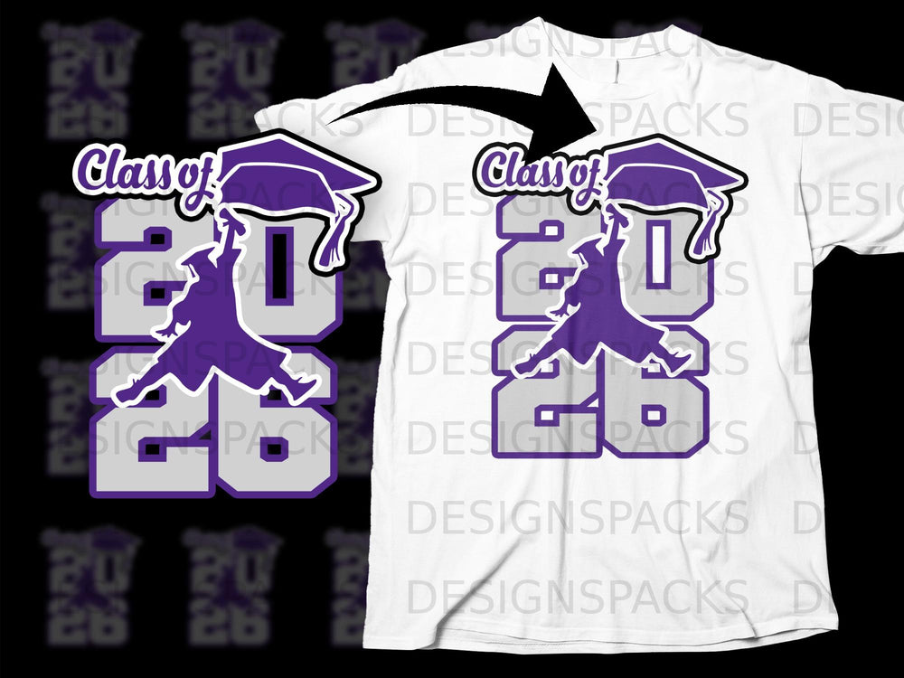 Purple graphic of graduation cap and "Class of 2026" on t-shirt.