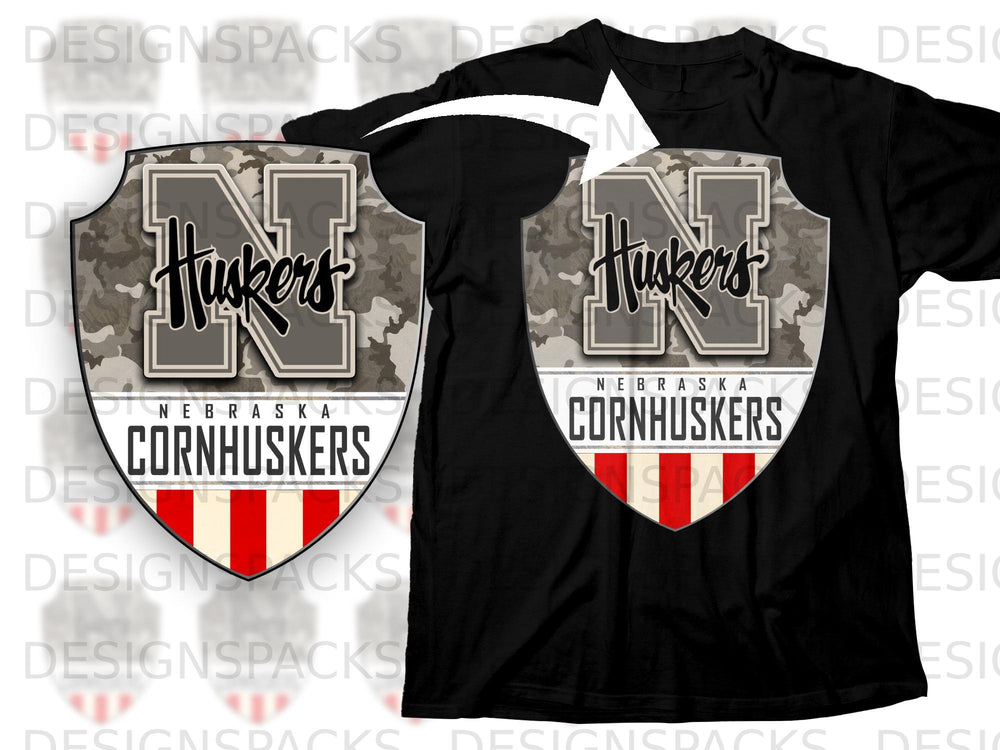 Black t-shirt featuring a Nebraska Cornhuskers logo with camouflage and red stripes.