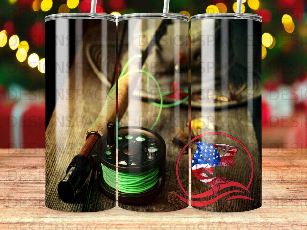Fishing reel with American flag bass graphic and wood grain background.