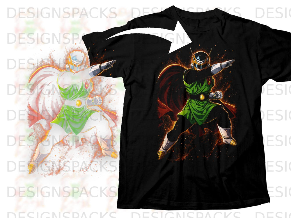 Black t-shirt features anime character in green outfit with orange glow.