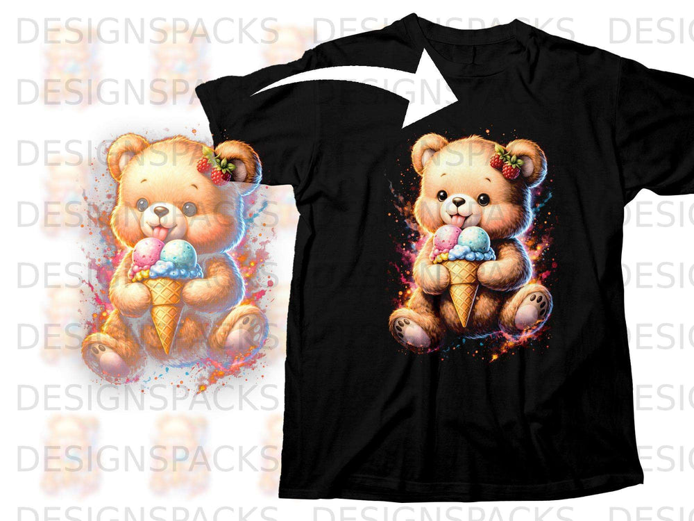Teddy bear with ice cream cone, pink and blue scoops.