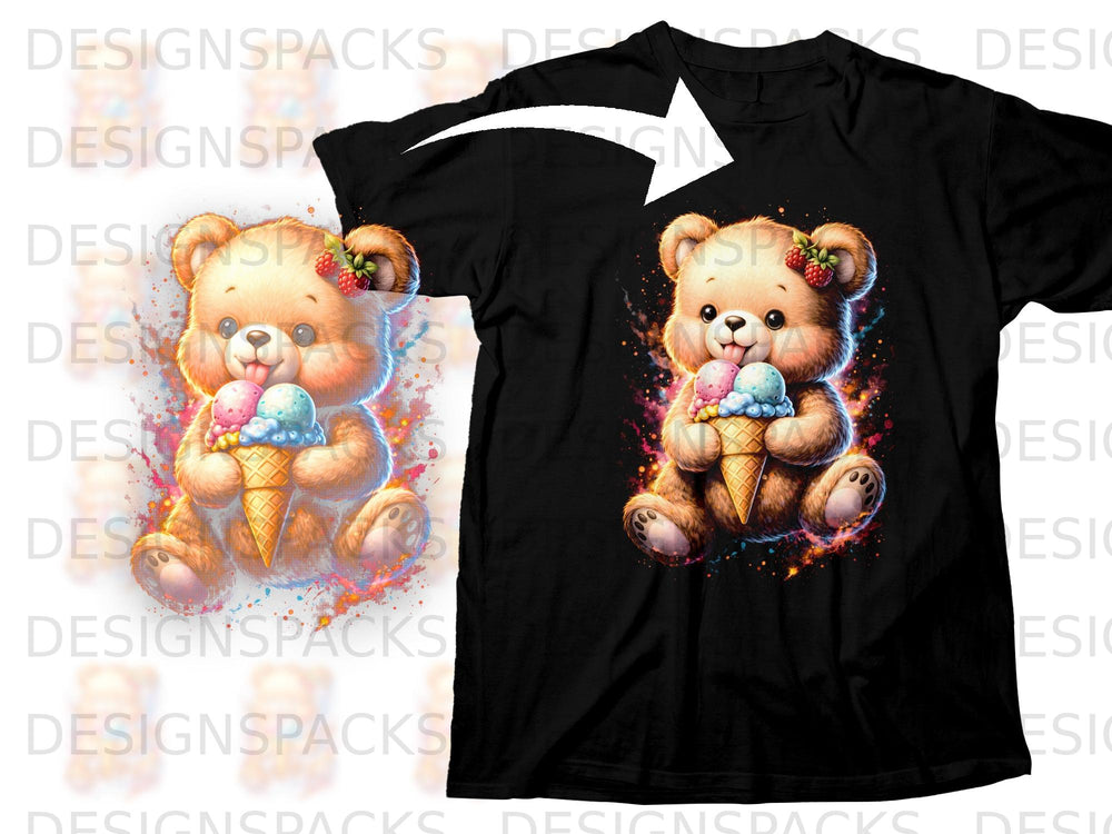 Teddy bear with ice cream cone, pink and blue scoops.