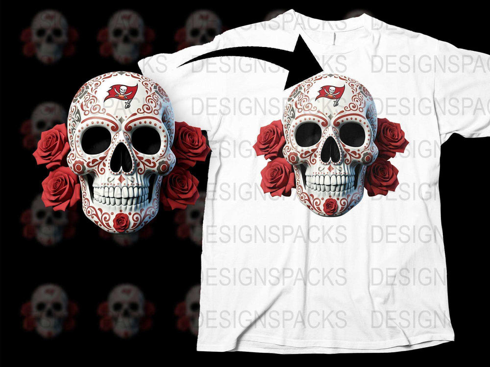Day of the Dead Sugar Skull T-Shirt, Floral Skull Tee, Red Roses, Gothic Clothing, Unisex White Graphic Shirt