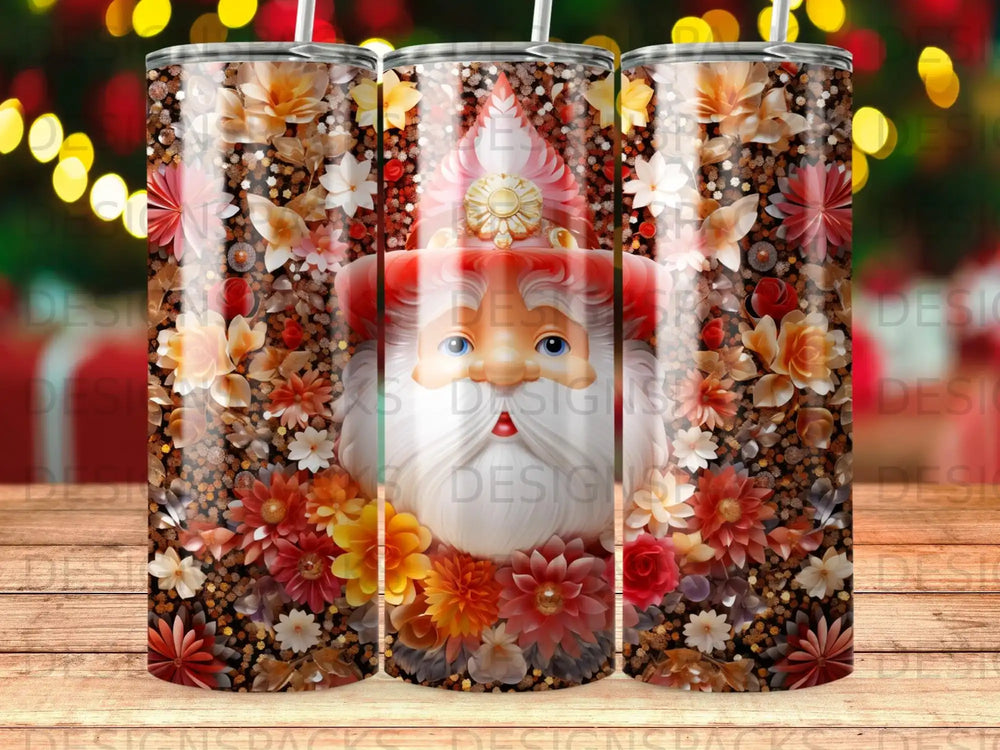Santa Claus head with floral and glittery background on a tumbler.