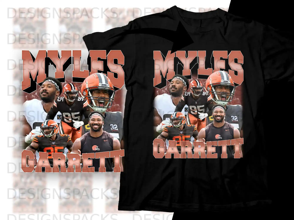 Myles Garrett collage on black t-shirt, Browns players featured.