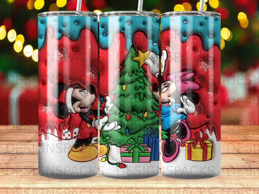 Mickey and Minnie Mouse celebrating with a Christmas tree and presents.