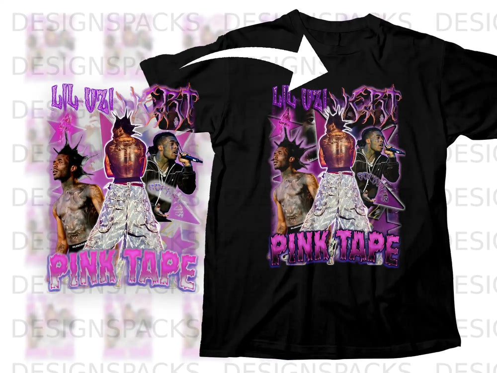 Black t-shirt featuring a collage graphic with rappers and "PINK TAPE" text.