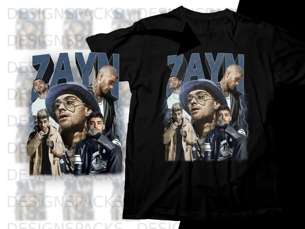 Zayn Malik collage graphic on black t-shirt.