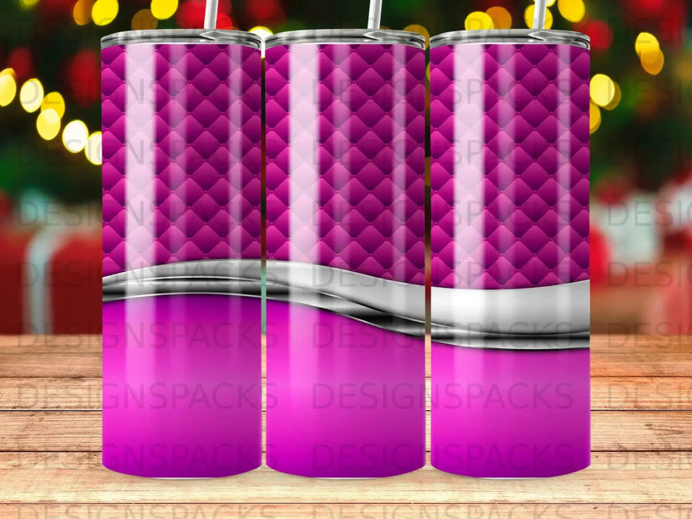 Purple quilted pattern tumbler with a silver band and white straw.