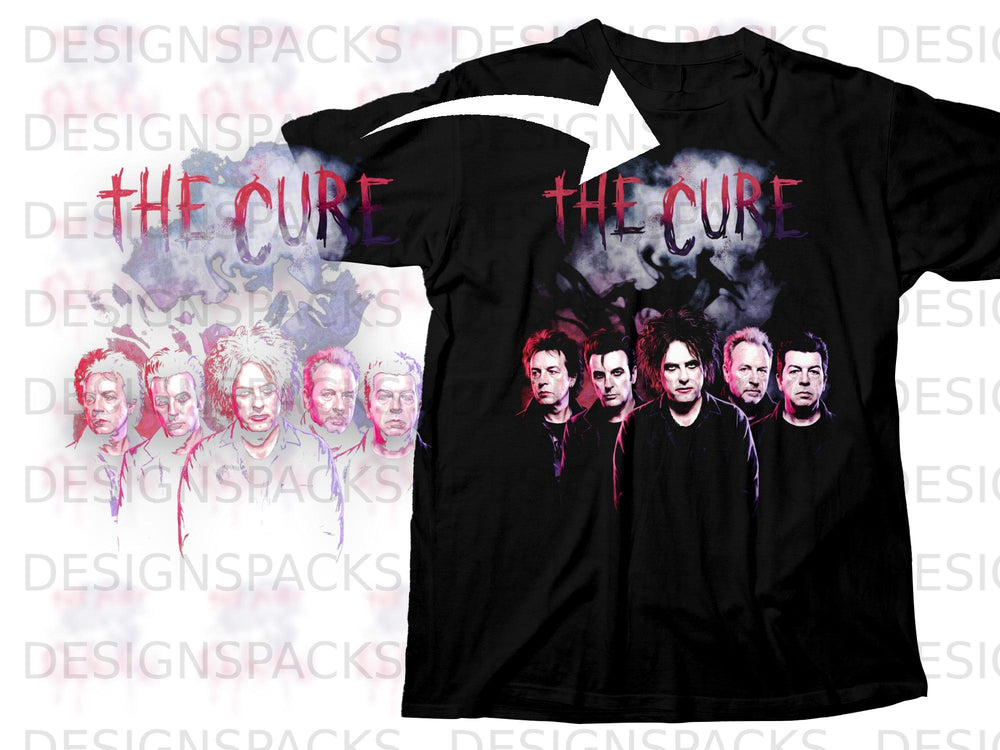 Black t-shirt with "The Cure" band members and red/purple text graphic.