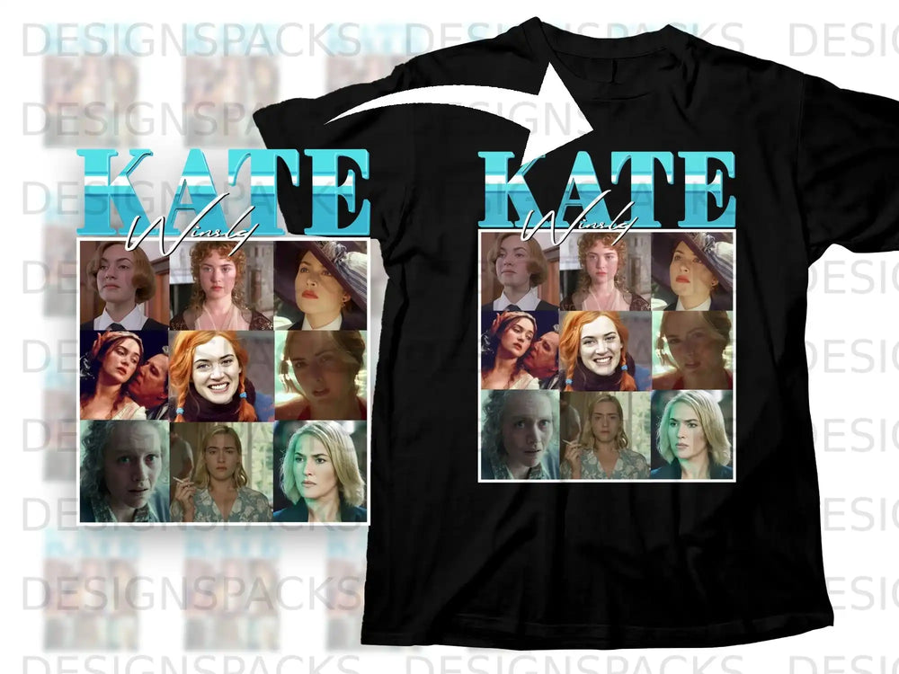 Black t-shirt featuring a collage of Kate Winslet headshots and the name "Kate" in blue lettering.