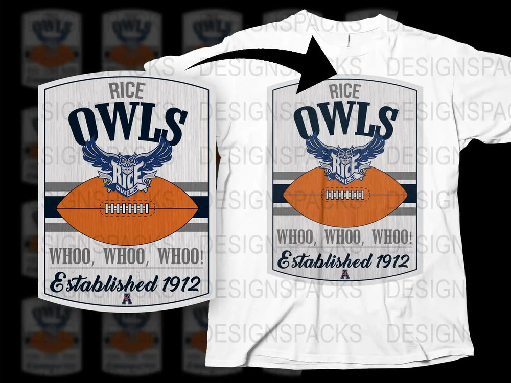 Rice Owls Graphic T-Shirt Vintage College Football Tee White Owl Mascot Design Established 1912