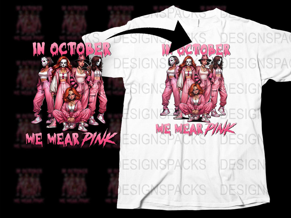 In October We Wear Pink Horror Movie Characters Themed T-Shirt, Halloween Spooky Tee