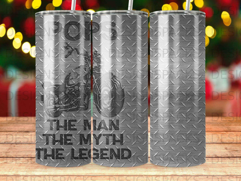 Motorcycle, axe, and "The Man The Myth The Legend" text on a textured metal tumbler.