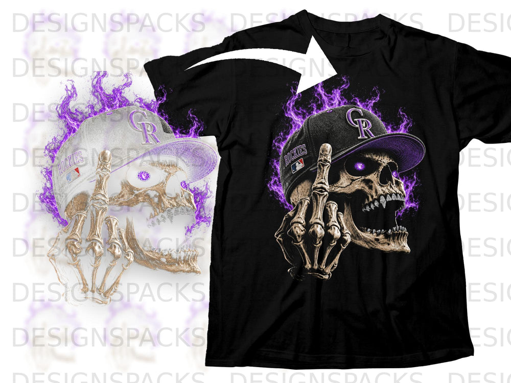 Black t-shirt with a skull, Colorado Rockies hat, and purple flames.