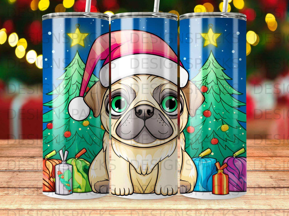 Cartoon pug wearing Santa hat with presents and Christmas trees.