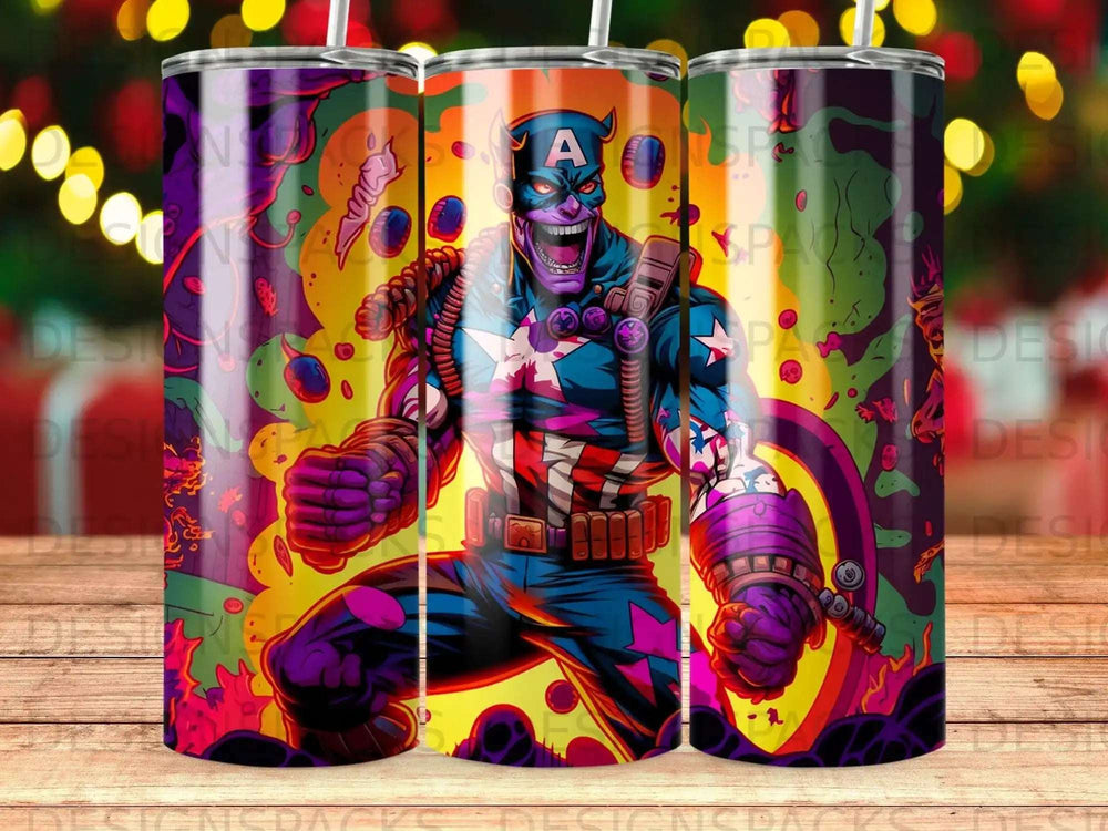 Captain America with vibrant, fiery background and abstract elements.