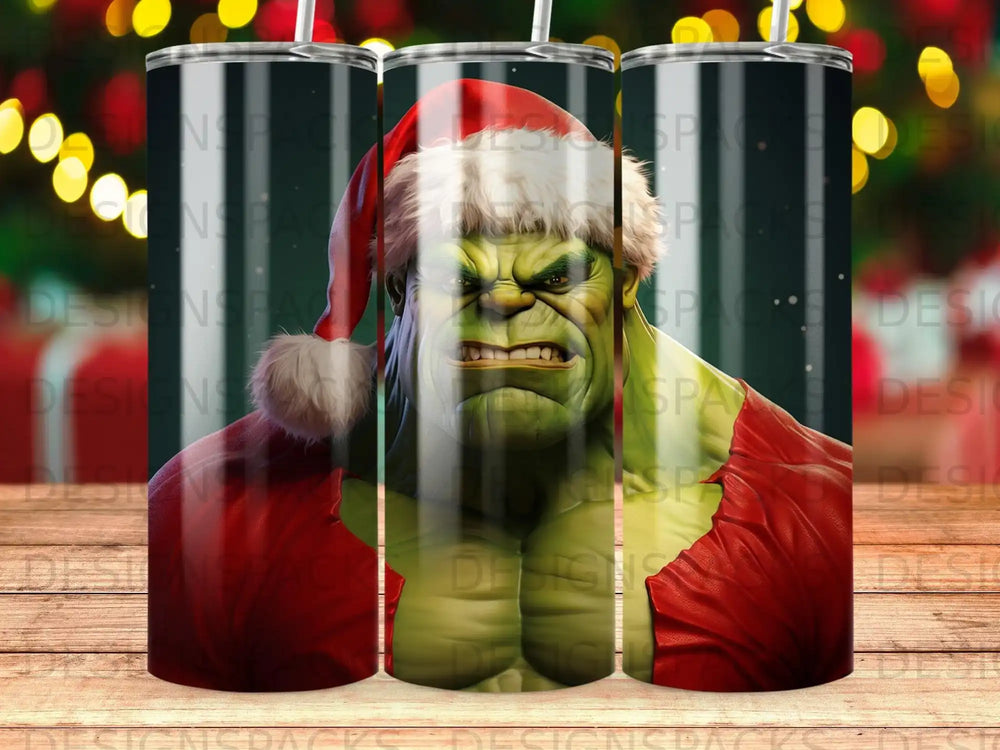 The Hulk wearing a Santa hat and red Santa suit.
