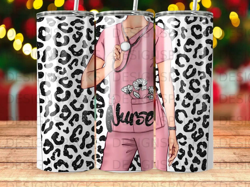 Pink nurse scrubs with stethoscope and "Nurse" text on leopard print tumbler.