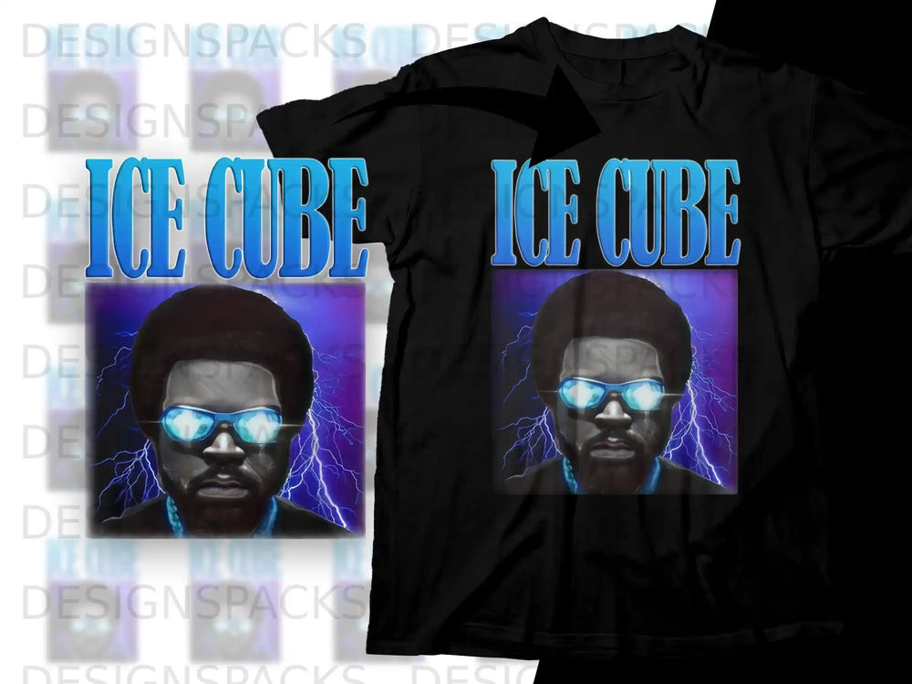 Ice Cube graphic t-shirt with lightning and blue sunglasses.