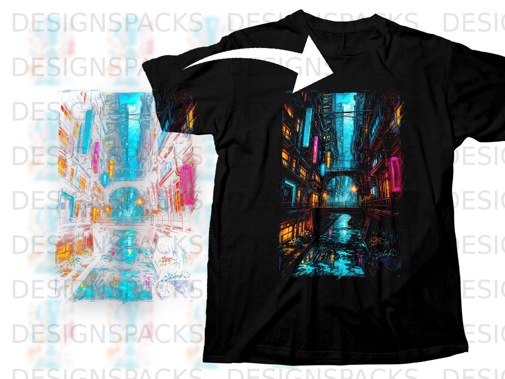 Black t-shirt with a neon cyberpunk city canal artwork and reflection.