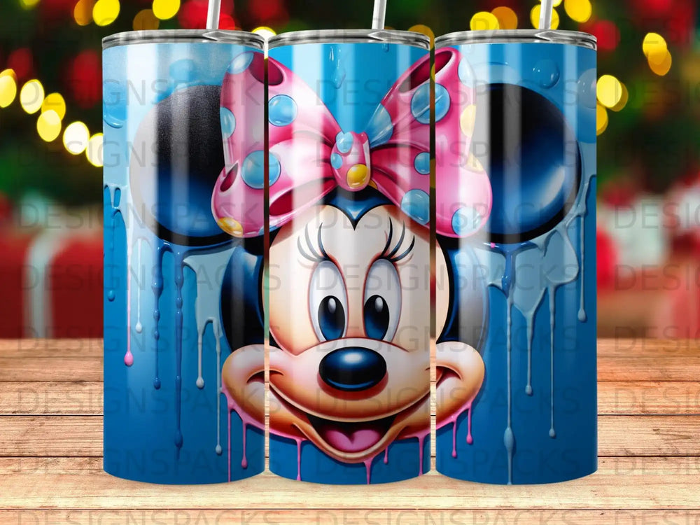 Minnie Mouse smiling with a pink bow on a blue dripping background.