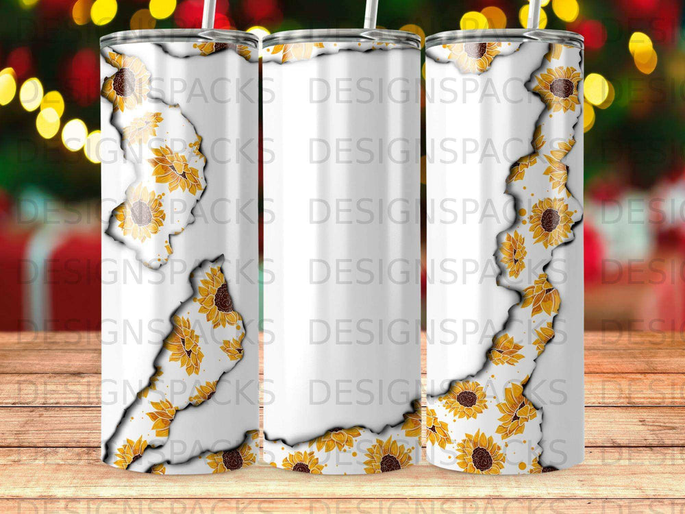 Sunflower pattern on a white tumbler with burnt edges design.