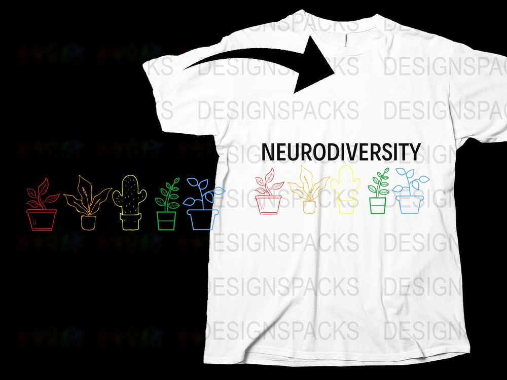 Neurodiversity Themed T-Shirt Colorful Plant Pots Awareness Fashion Unisex Tee